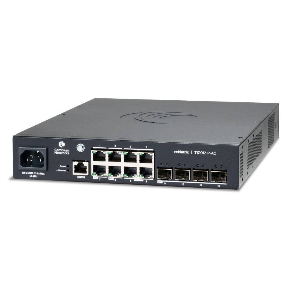 Cambium Networks MXTX1012GxPD20 cnMatrix TX1012-P-AC, AC Powered Intelligent Ethernet PoE Switch, 8 x 1Gbps, and 4 SFP+