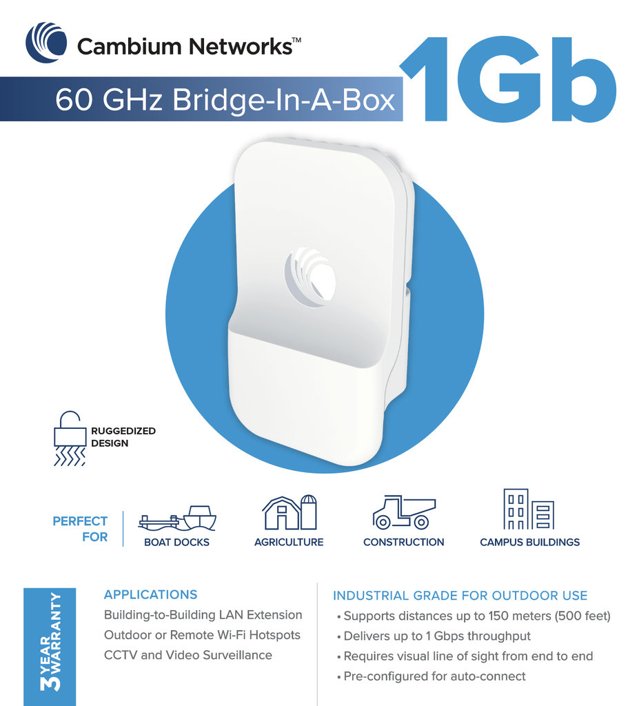 Cambium Networks C600510C008B 60GHz Bridge in a Box 1Gb with ANZ Cord