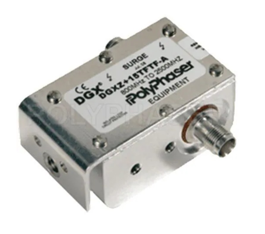 PolyPhaser DGXZ+15TFTF-A TNC F/F Coaxial RF Surge Protector, 800MHz - 2.5GHz, 300W, IP67, 15 V Max., 500uJ, 20kA, Hybrid, Bracket Down, Hole Mount