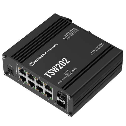 [TSW202] Teltonika TSW202 10 Port Industrial Managed PoE+ Layer 2 Switch with 8 Port PoE+ and 2 SFP slots, Layer3 Features PSU not included